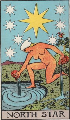 Image shows the Star tarot card from the Waite Smith deck with a white winter hat on the woman's head.