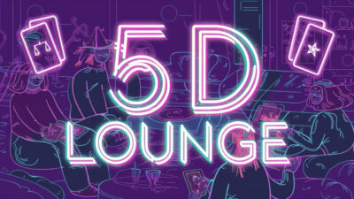 Neon text on a purple background says "5D Lounge".